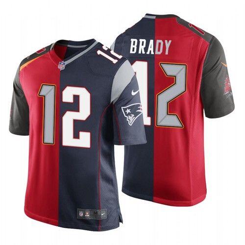 Men's Tampa Bay Buccaneers #12 Tom Brady Red and Navy NFL Split GOAT Stitched Jersey
